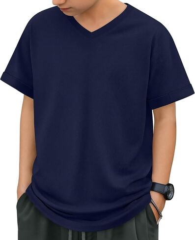 Boys Short Sleeve T Shirt Kids V Neck Summer Basic Top Plain Rolled Sleeve Loose Tee Size 5-14 Years in Saudi Arabia