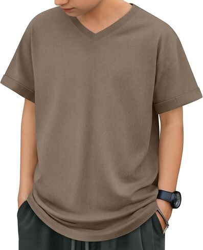Boys Short Sleeve T Shirt Kids V Neck Summer Basic Top Plain Rolled Sleeve Loose Tee Size 5-14 Years in Saudi Arabia