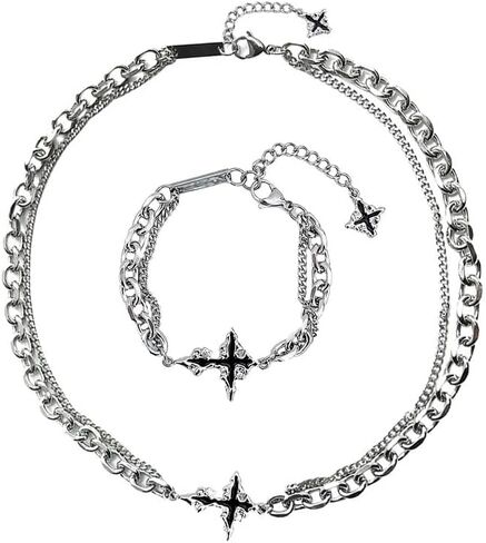 GulCean Mens Cross Bracelet Stainless Steel Silver Adjustable Chunky Chain Trendy Y2K Punk Goth Viking Liquid Metal Black Crystal Layered Stack Star Cross Charm Bracelet for Men Jewelry Gift in Saudi Arabia