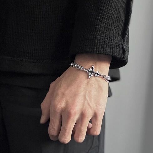 GulCean Mens Cross Bracelet Stainless Steel Silver Adjustable Chunky Chain Trendy Y2K Punk Goth Viking Liquid Metal Black Crystal Layered Stack Star Cross Charm Bracelet for Men Jewelry Gift in Saudi Arabia
