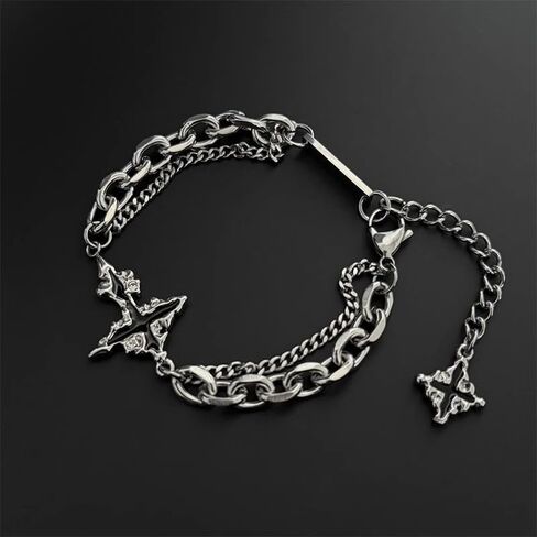 GulCean Mens Cross Bracelet Stainless Steel Silver Adjustable Chunky Chain Trendy Y2K Punk Goth Viking Liquid Metal Black Crystal Layered Stack Star Cross Charm Bracelet for Men Jewelry Gift in Saudi Arabia