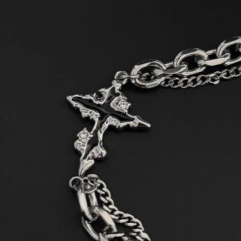 GulCean Mens Cross Bracelet Stainless Steel Silver Adjustable Chunky Chain Trendy Y2K Punk Goth Viking Liquid Metal Black Crystal Layered Stack Star Cross Charm Bracelet for Men Jewelry Gift in Saudi Arabia