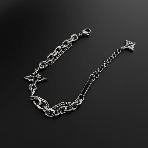 GulCean Mens Cross Bracelet Stainless Steel Silver Adjustable Chunky Chain Trendy Y2K Punk Goth Viking Liquid Metal Black Crystal Layered Stack Star Cross Charm Bracelet for Men Jewelry Gift in Saudi Arabia