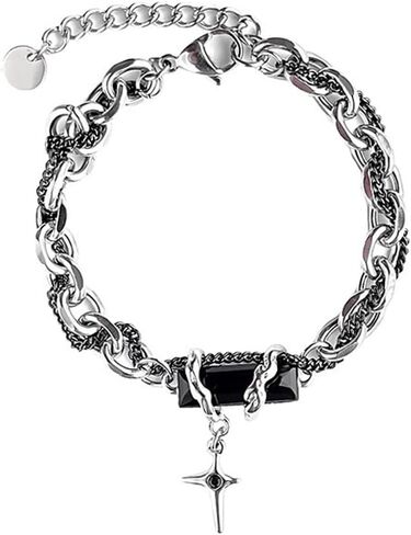 GulCean Mens Cross Bracelet Stainless Steel Silver Adjustable Chunky Chain Trendy Y2K Punk Goth Viking Liquid Metal Black Crystal Layered Stack Star Cross Charm Bracelet for Men Jewelry Gift in Kuwait