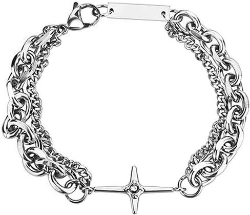 GulCean Mens Cross Bracelet Stainless Steel Silver Adjustable Chunky Chain Trendy Y2K Punk Goth Viking Liquid Metal Black Crystal Layered Stack Star Cross Charm Bracelet for Men Jewelry Gift in Saudi Arabia