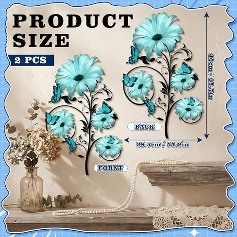 Otoolling 2 Pcs Metal Flowers Wall Decor Vintage Blue Flower Metal Wall Art 15.7 Inch Spring Butterfly Floral Rustic Hanging Daisy Sculptures Art for Home Living Room Bathroom Indoor Outdoor Decor in Saudi Arabia