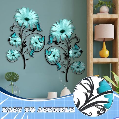 Otoolling 2 Pcs Metal Flowers Wall Decor Vintage Blue Flower Metal Wall Art 15.7 Inch Spring Butterfly Floral Rustic Hanging Daisy Sculptures Art for Home Living Room Bathroom Indoor Outdoor Decor in Saudi Arabia
