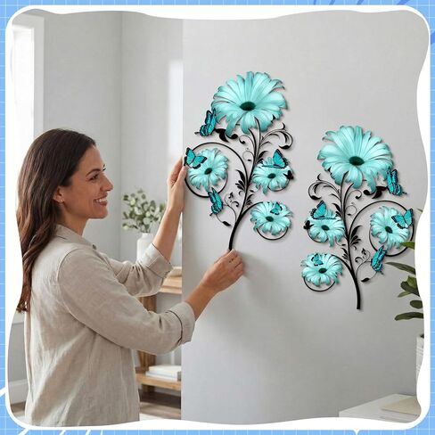 Otoolling 2 Pcs Metal Flowers Wall Decor Vintage Blue Flower Metal Wall Art 15.7 Inch Spring Butterfly Floral Rustic Hanging Daisy Sculptures Art for Home Living Room Bathroom Indoor Outdoor Decor in Saudi Arabia