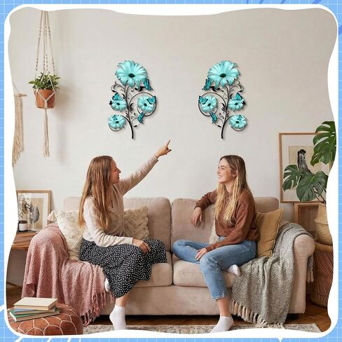 Otoolling 2 Pcs Metal Flowers Wall Decor Vintage Blue Flower Metal Wall Art 15.7 Inch Spring Butterfly Floral Rustic Hanging Daisy Sculptures Art for Home Living Room Bathroom Indoor Outdoor Decor in Saudi Arabia