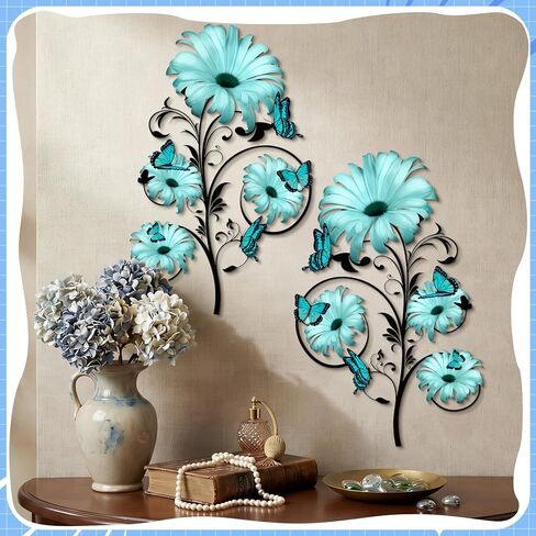 Otoolling 2 Pcs Metal Flowers Wall Decor Vintage Blue Flower Metal Wall Art 15.7 Inch Spring Butterfly Floral Rustic Hanging Daisy Sculptures Art for Home Living Room Bathroom Indoor Outdoor Decor in Saudi Arabia