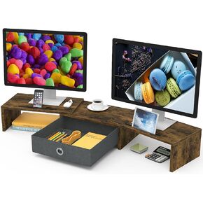 حامل شاشة مزدوج من WESTREE مع درج، وحامل شاشة كمبيوتر بثلاثة أرفف مع طول وزاوية قابلة للتعديل، ومنظم تخزين حامل شاشة سطح المكتب لشاشتين in Kuwait