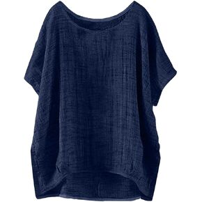 بلوزات نسائية من الكتان من Betadog بأكمام قصيرة ورقبة دائرية من القطن والكتان ملابس علوية لكبار السن مقاس كبير من الشاش قمصان غير رسمية in Kuwait