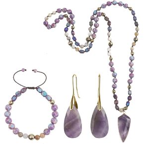 3 Pcs Western Jewelry Set for Women Bohemian Western Set - Amethyst Pendant Long Necklace, Imperial Jasper Wrap Bracelet & Amethyst Dangle Earrings, Boho Jewelry Sets for Women Gift in Saudi Arabia