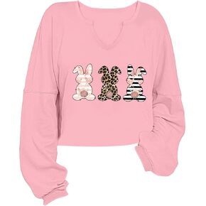 سويت شيرت نسائي على شكل أرنب عيد الفصح بأكمام طويلة ورقبة على شكل حرف V وقمصان قصيرة على شكل أرنب لطيف وقمصان جرافيكية in Kuwait