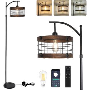 مصباح أرضي مقوس مع لمبة LED عن بعد وخافتة للضوء، مصابيح أرضية خشبية عتيقة لغرفة المعيشة، مصباح قائم أسود صناعي مع 3 درجات حرارة ألوان، مصباح طويل ريفي للمزرعة لزاوية مكتب غرفة النوم in Kuwait