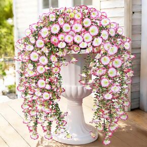 Artificial Hanging Flowers for Outdoors, 2 PCS 300 Blooms UV Resistant Morning Glory Faux Silk Vines, No-Odor Realistic Fake Plants for Garden Planter Porch Patio Decoration, Fuchsia & LightPurple in Saudi Arabia