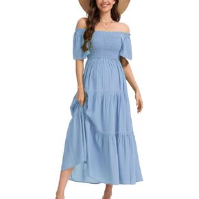 فستان نسائي صيفي طويل مكشكش وأكمام قصيرة للحوامل، فستان واسع من طبقات على شكل حرف A لالتقاط الصور الفوتوغرافية لحفلة استقبال المولود الجديد in Kuwait