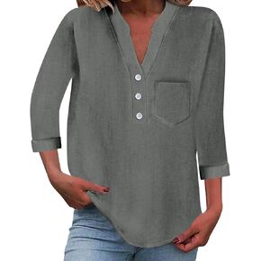 3/4 Sleeve Linen Shirts for Women - Cotton Linen Shirts Plus Size Button V Neck Dressy Blouses 2026 Summer Tunic Tops in Saudi Arabia