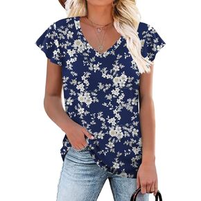 تيشيرتات كاجوال للسيدات من HOTGIFT برقبة على شكل حرف V وأكمام قصيرة بتلات، بلوزة أساسية فضفاضة ومريحة للشاطئ in Kuwait