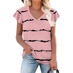 تيشيرتات كاجوال للسيدات من HOTGIFT برقبة على شكل حرف V وأكمام قصيرة بتلات، بلوزة أساسية فضفاضة ومريحة للشاطئ in Kuwait