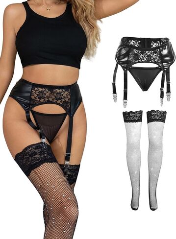 ohyeah Black Lace PU Leather Garter Belt for Thigh Highs Stockings 4 Strap Garter Belts Plus Size Garter Lingerie for Women in Kuwait