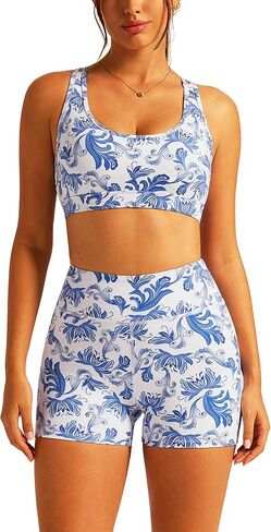 ABOCIW Floral Print Workout Sets for Women 2 Piece Cross Back Sports Bra High Waits Biker Shorts Yoga Pilates Outfits in Saudi Arabia