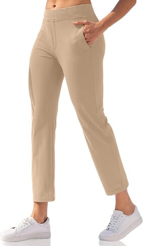 سراويل اليوغا النسائية من VOOVEEYA للكاحل، سراويل جولف قابلة للتمدد مع 5 جيوب عالية الخصر للعمل والسفر فستان كاجوال مستقيم الساق in Kuwait