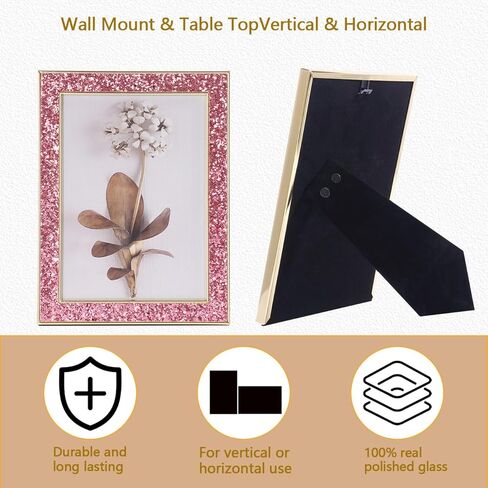 إطار صورة Baseo Glitter and Gold مقاس 5x7، إطار صورة Bling Glitter، مصنوع من المعدن والزجاج الحقيقي، لعرض الحائط أو سطح الطاولة، عموديًا وأفقيًا (ذهبي، 5x7 بوصة) in Kuwait