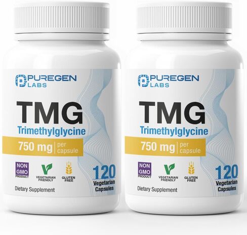 Puregen Labs TMG 750 mg – [High Potency] Trimethylglycine Supplement – Supports Normal Homocysteine Metabolism, Non-GMO, NO Gluten and Dairy | Made in USA - 120 Vegetarian Capsules in Saudi Arabia