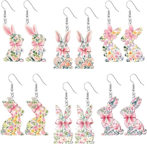 Nosiny 6 Pairs Floral Easter Bunny Earrings Easter Coquette Rabbit Earrings Acrylic Drop Dangle Jewelry Funny Cute Weird Jewelry for Women Spring Holiday Gifts in Saudi Arabia
