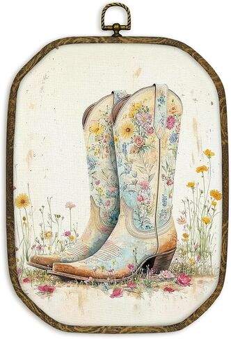 nvucamd خمر الغربية راعية البقر جدار الفن الديكور مؤطرة، preppy الغربية المثمن قماش يطبع جدار الفن، ريفي ريفي الزهور راعية البقر الأحذية شنقا الديكور للفتيات غرفة نوم النوم، 10.2x7 بوصة in Kuwait