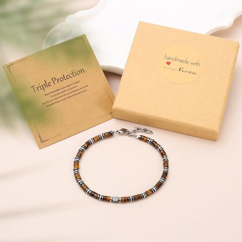 Triple Protection Bracelet Tiger's Eye Stone Bracelet - Natural Hematite Gemstone Stretch Bracelet - Spiritual Healing Bracelets Gifts for him in Kuwait
