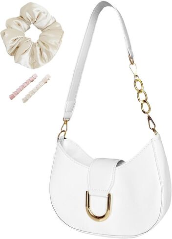 محفظة صغيرة للنساء حقيبة كتف بيضاء لطيف حقيبة يد جلدية تحت الإبط مع مشبك شريط ذهبي اللون in Kuwait