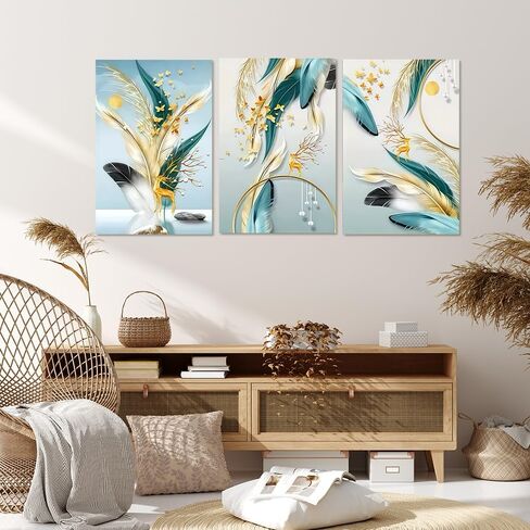 1Set/3pcs Modern Botanical Wall Decor - Gold Leaf & Airy Plumes, 12x18 Inches, Unframed in Saudi Arabia