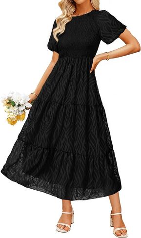 BerryGo Womens Summer Chiffon Midi Dress Short Sleeve Flowy Smocked Crewneck A Line Tiered Wedding Guest Dresses 2026 in Saudi Arabia
