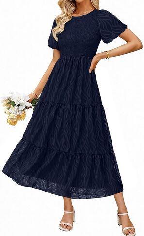 BerryGo Womens Summer Chiffon Midi Dress Short Sleeve Flowy Smocked Crewneck A Line Tiered Wedding Guest Dresses 2026 in Saudi Arabia