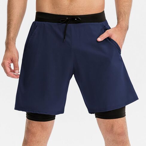 Men's 2 in 1 Running Pants with Pockets Athletic Leggings Breathable Cool Dry Tights Pants Workout Shorts with Legging in Saudi Arabia