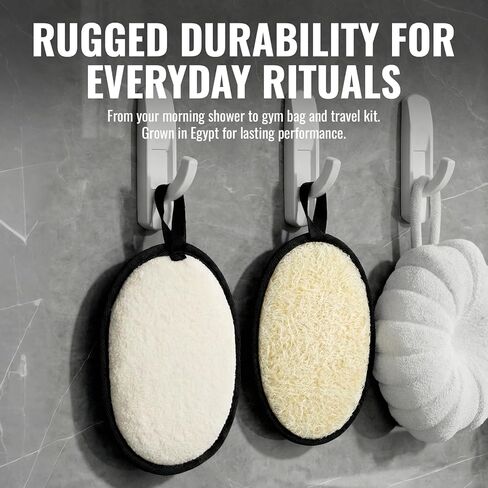 Natural Loofah for Men, 2PCS Black & White Set Egyptian Luffa Body Scrubber for Shower & Bath, Quick-Drying Exfoliating Sponge Pad for Men's Hygiene & Body Care - Travel Essentials & Gym Tool in Kuwait