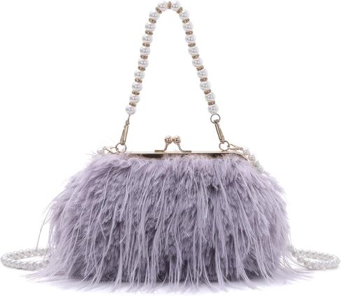 Clutch Purse for Women Fluffy Feather Evening bags Pearl Handbag Vintage Shoulder Crossbody Bag in Saudi Arabia