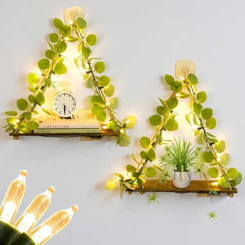Macrame Hanging Shelf for Wall Decoration with Eucalyptus Lighted Garland,2 Pack Boho Hanging Shelves&Greenery Eucalyptus Garland with Lights for Bedroom Living Room Boho Wall Décor, Wedding Décor in Saudi Arabia