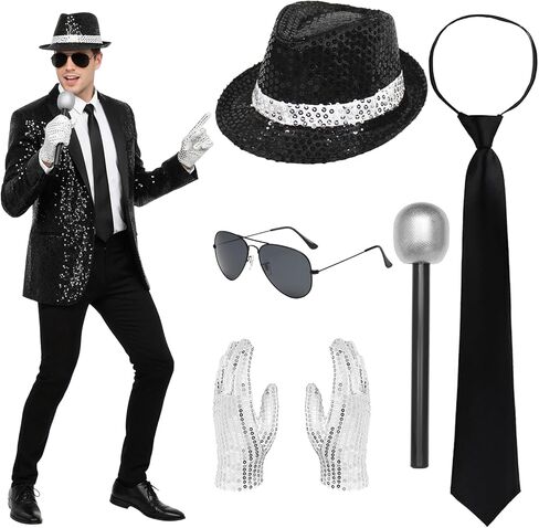 5 قطع أزياء نجمة البوب، 80s Rocker Star Dancer Cosplay، إكسسوارات ملابس تنكرية، قبعة ترتر الجاز، قفاز، نظارات شمسية، ميكروفون، ملك البوب ​​للبالغين 80 موضوع حفلة كرنفال الهالوين التنكرية in Kuwait