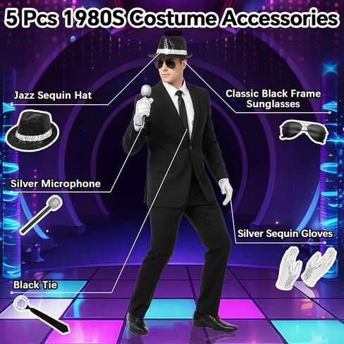 5 قطع أزياء نجمة البوب، 80s Rocker Star Dancer Cosplay، إكسسوارات ملابس تنكرية، قبعة ترتر الجاز، قفاز، نظارات شمسية، ميكروفون، ملك البوب ​​للبالغين 80 موضوع حفلة كرنفال الهالوين التنكرية in Kuwait