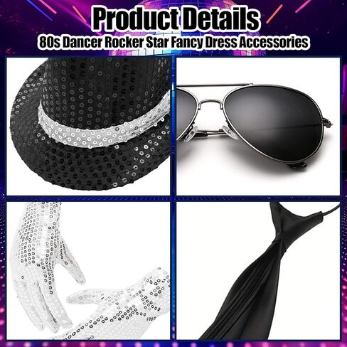 5 قطع أزياء نجمة البوب، 80s Rocker Star Dancer Cosplay، إكسسوارات ملابس تنكرية، قبعة ترتر الجاز، قفاز، نظارات شمسية، ميكروفون، ملك البوب ​​للبالغين 80 موضوع حفلة كرنفال الهالوين التنكرية in Kuwait