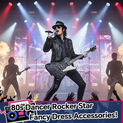 5 قطع أزياء نجمة البوب، 80s Rocker Star Dancer Cosplay، إكسسوارات ملابس تنكرية، قبعة ترتر الجاز، قفاز، نظارات شمسية، ميكروفون، ملك البوب ​​للبالغين 80 موضوع حفلة كرنفال الهالوين التنكرية in Kuwait