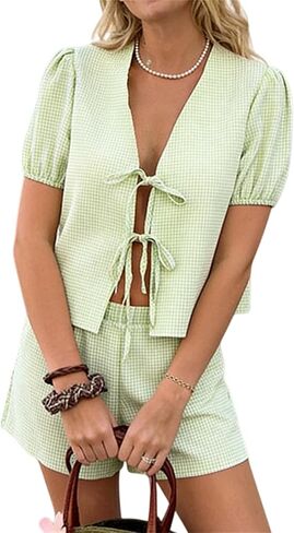 Yuemengxuan Women Y2k Peplum Shirt Shorts Set Two Piece Lounge Set Pajamas Sets Puff Sleeve Tie Front Top 2pcs Outfits Set in Kuwait