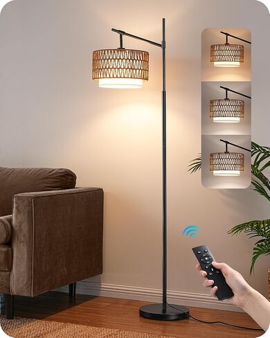 EDISHINE Rattan Floor Lamp with Dimmable Bulb, 5 Color Temperatures, Adjustable Farmhouse Standing Lamp with Remote, Black Floor Lamps for Living Room, Office, Bedroom in Saudi Arabia