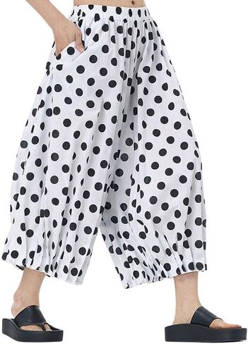chouyatou Women's Retro Polka Dot Wide Leg Capri Pants Plaid Print Baggy Loose Fit Culottes Cropped Pants with Pockets in Saudi Arabia