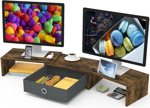 حامل شاشة مزدوج من WESTREE مع درج، وحامل شاشة كمبيوتر بثلاثة أرفف مع طول وزاوية قابلة للتعديل، ومنظم تخزين حامل شاشة سطح المكتب لشاشتين in Kuwait