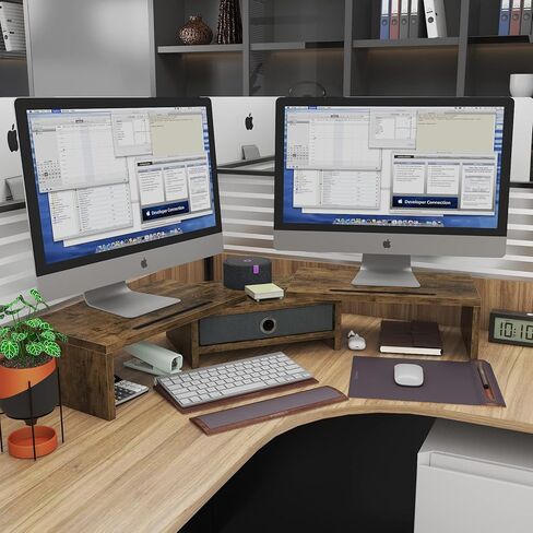 حامل شاشة مزدوج من WESTREE مع درج، وحامل شاشة كمبيوتر بثلاثة أرفف مع طول وزاوية قابلة للتعديل، ومنظم تخزين حامل شاشة سطح المكتب لشاشتين in Kuwait