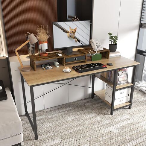 حامل شاشة مزدوج من WESTREE مع درج، وحامل شاشة كمبيوتر بثلاثة أرفف مع طول وزاوية قابلة للتعديل، ومنظم تخزين حامل شاشة سطح المكتب لشاشتين in Kuwait